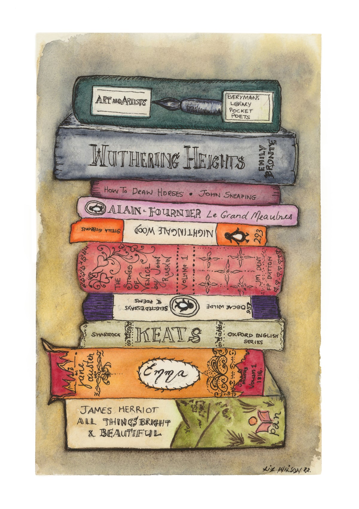 Bookstack - Liz Wilson watercolour, high resolution