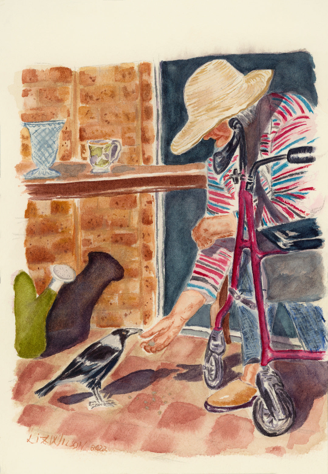The Magpie Whisperer – Mum and Maggie, Liz Wilson watercolour